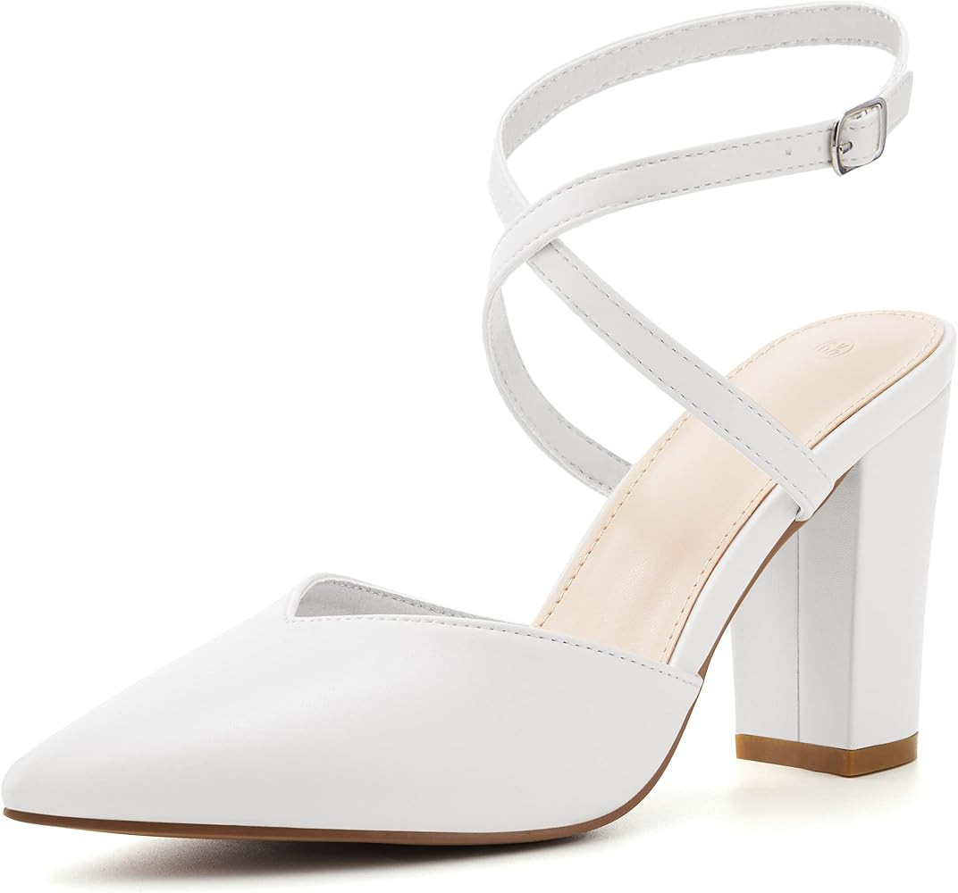 Womens Slingback Closed Pointed Toe Heels Strappy Block Chunky Heel Office Bridal Pumps Shoe | Amazon (US)