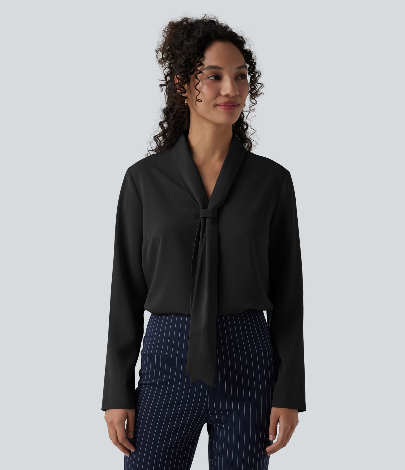 Women\u2019s Wrinkle-resistant V-neck Long Sleeve Relaxed Work Tie Blouse - Halara | HALARA