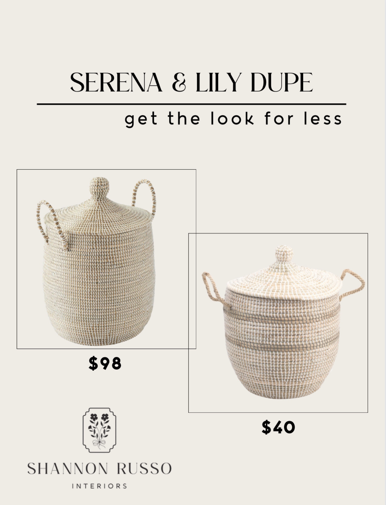 Serena and Lily La Jolla basket look for less! This sea grass dupe is perfect for your bathroom, bedroom, nursery, and so much more! Any place that needs some extra storage is a perfect home for this hamper.

#shannonrussointeriors #interiordesigner #homedecor 

Organize, dupe, budget design, save money, woven basket, save, saving on home decor, modern design, clean minimalist , organic modern, beachy style, home decor , Shannon Russo Interiors

#LTKFind #LTKhome #LTKunder100