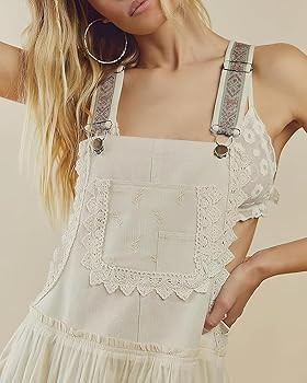 ebossy Women's Laced Embroidered Tulle Bib Dress Casual Loose Adjustable Straps Maxi Dress | Amazon (US)