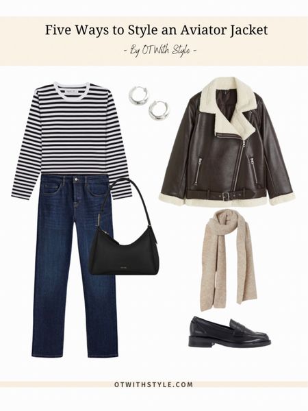 Transitional outfit idea : aviator jacket striped top dark denim and black loafers 


#LTKSeasonal #LTKstyletip #LTKSpringSale