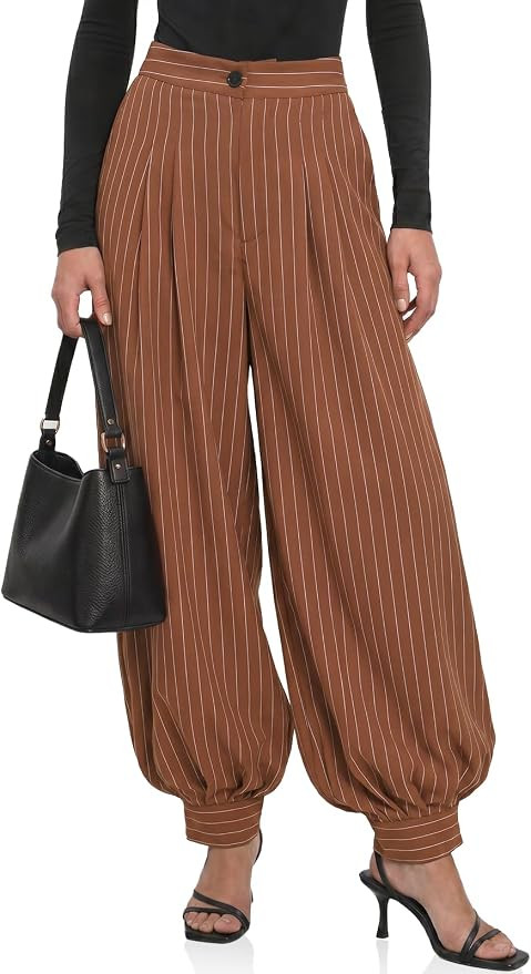 Cicy Bell Womens Striped Dress Pants Balloon Pleated Wide Leg Trousers | Business Casual, Loose F... | Amazon (US)