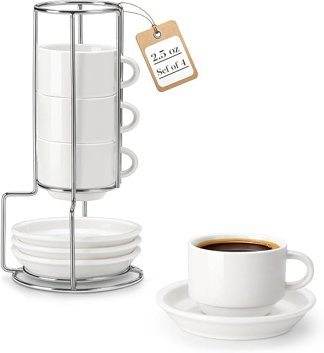 MALACASA 2.5 OZ Porcelain Espresso Cups with Saucers and Metal Stand Set of 4, Stackable Cappuccino Cups, White Expresso Shots Cup Set for Coffee Drinks, Latte, Tea | Amazon (US)