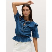 M&S Denim Ruffled Blouse Blue Denim | Marks & Spencer (UK)