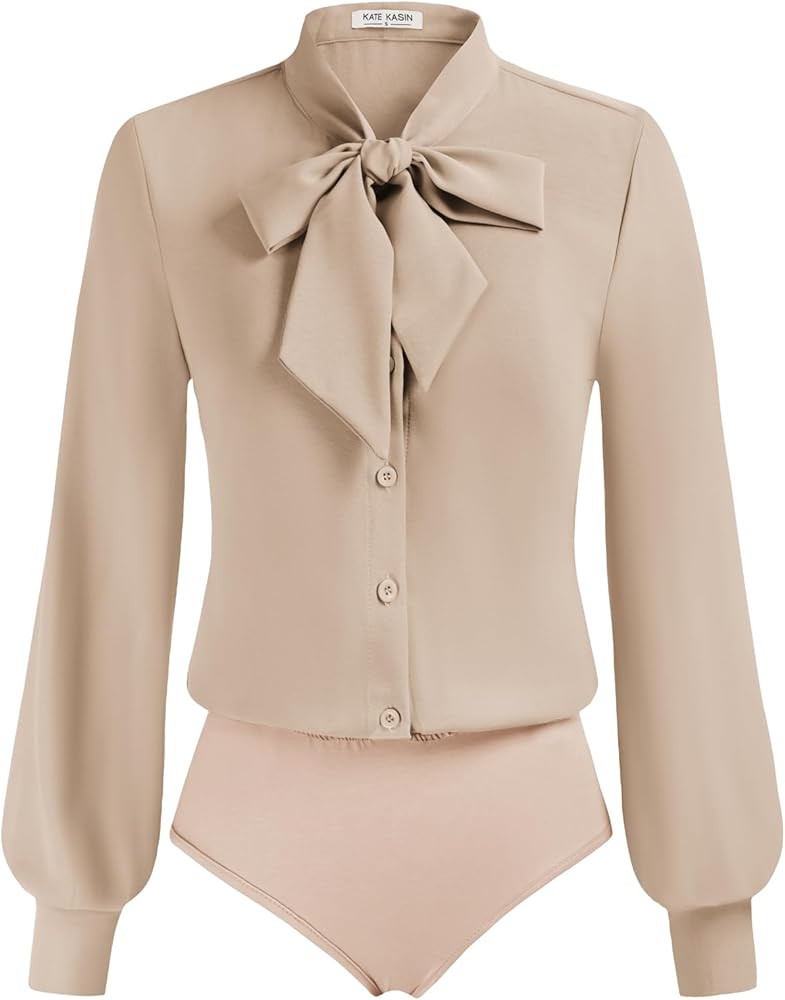 Kate Kasin Women Bow Tie Neck Office Blouse Button Down Long Sleeve Bodysuits Blouse Top | Amazon (US)