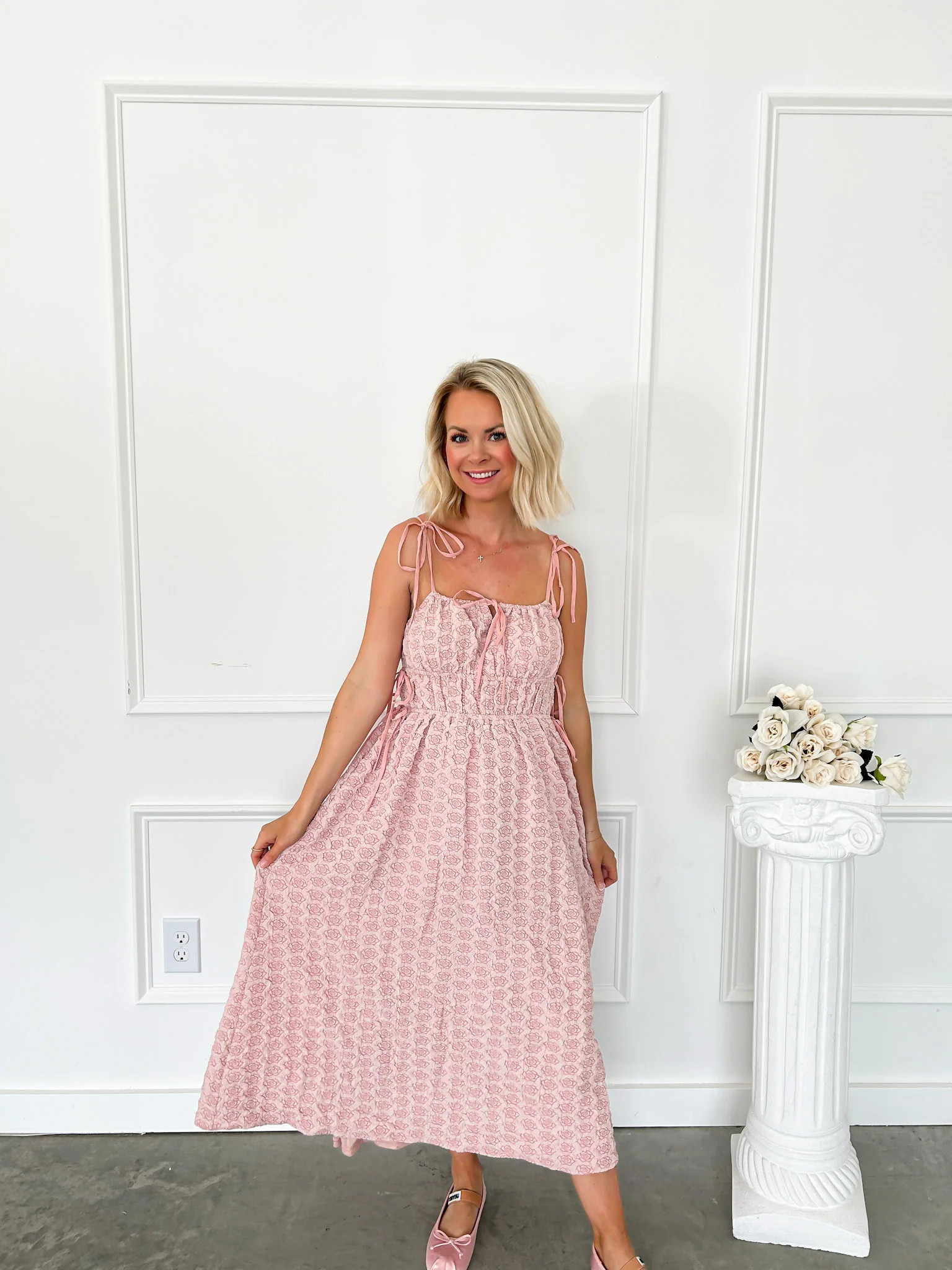 Standing Ovation Pink Rosette Midi Dress | Flourish in Frills