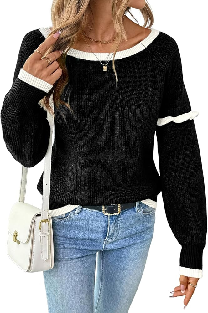 EVALESS Womens Sweaters Crewneck Ruffle Long Sleeve Off The Shoulder Sweater Color Block 2025 Tre... | Amazon (US)