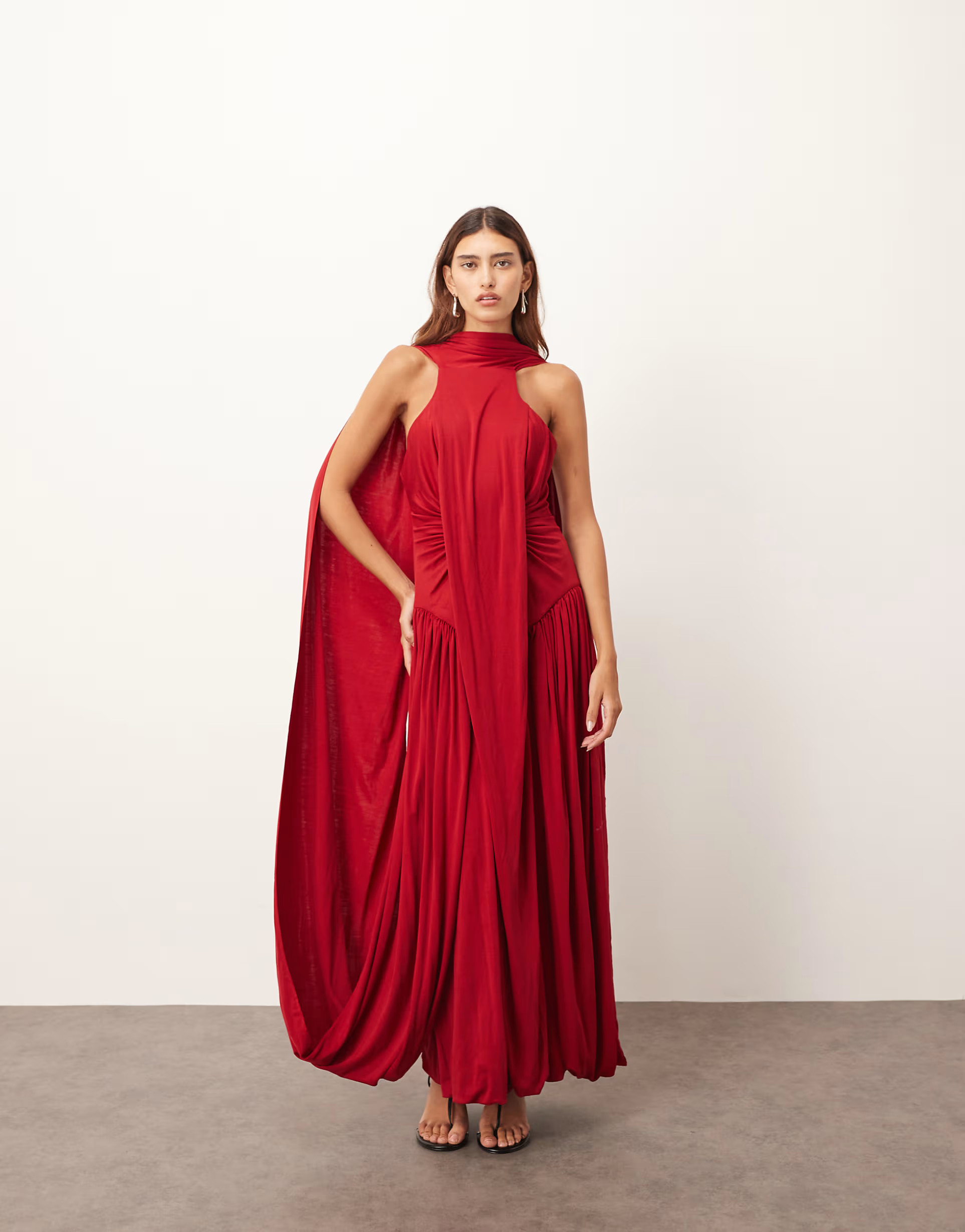 ARRANGE scarf neck draped hem open back maxi dress in burgundy | ASOS (Global)