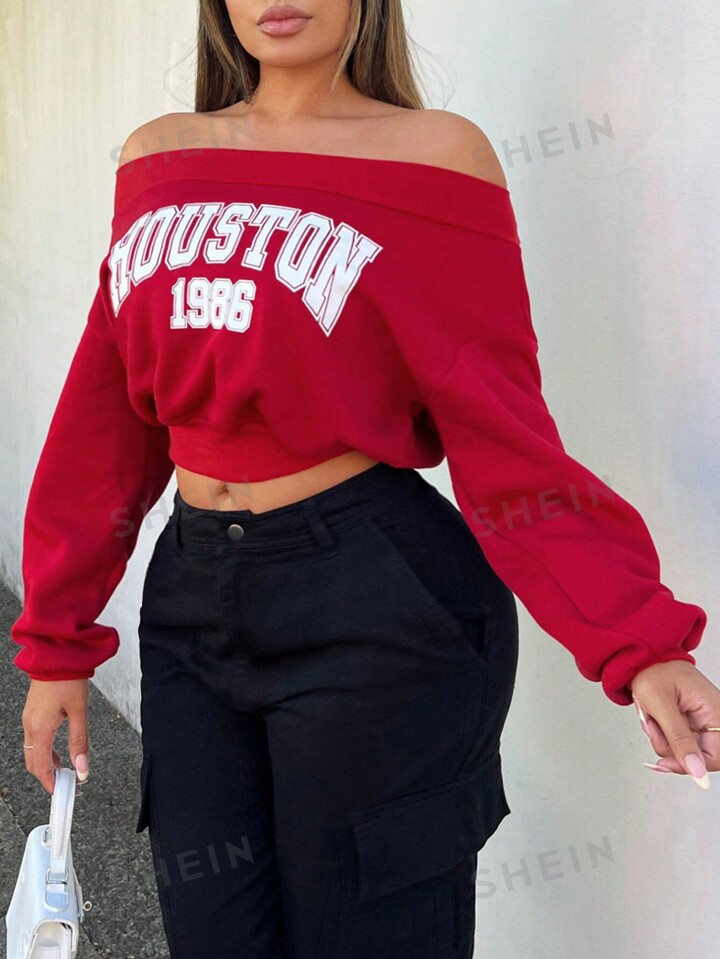 SHEIN SXY Spring Off Shoulder Letter Print Women's Short Sweatshirt | SHEIN