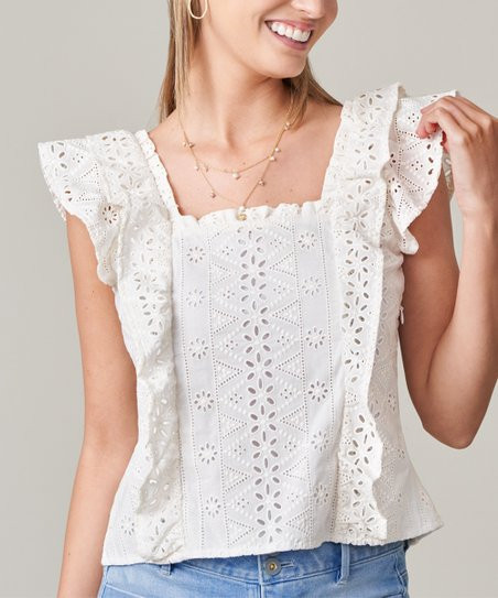 Spartina 449 Pearl White Eyelet Taralynn Flutter-Sleeve Top - Women | Zulily