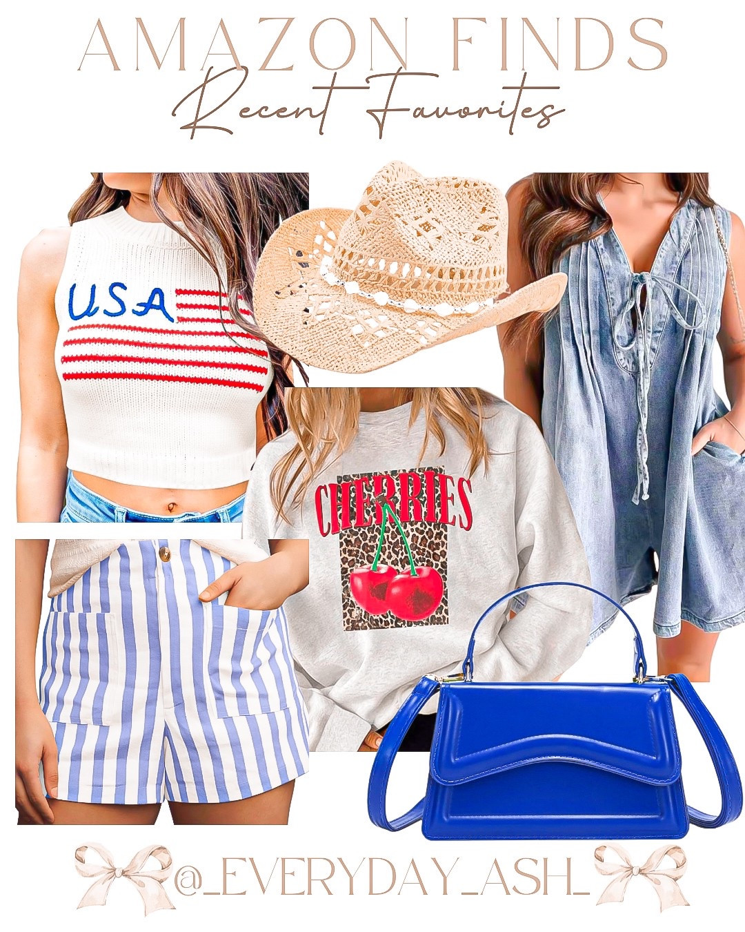 Amazon finds 💙♥️

USA sweater, cowgirl hat, denim romper, blue striped shorts, cherry graphic sweatshirt, blue crossbody bag 

#LTKTravel #LTKFindsUnder50 #LTKStyleTip