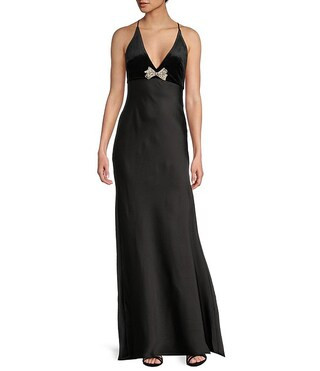 Pear Culture Velvet Satin V-Neck Spaghetti Strap Rhinestone Bow Dress | Dillard's | Dillard's