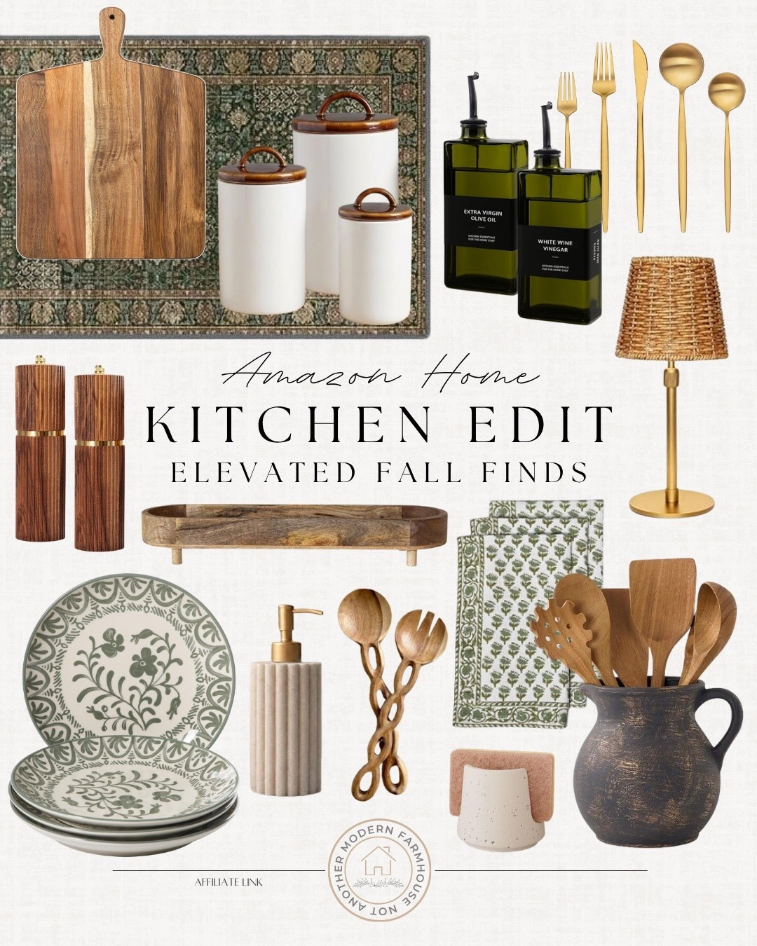 Amazon fall kitchen edit includes utensil holder, dish towels, sponge holder, utensils, soap dispenser, dinner plates, wooden tray, small lamp, salt and pepper shakers, runner rug, charcuterie board, canisters, oil and vinegar dispensers, and gold flatware.

Home decor, kitchen decor, fall kitchen, looks for less

#LTKSaleAlert #LTKHome #LTKSeasonal