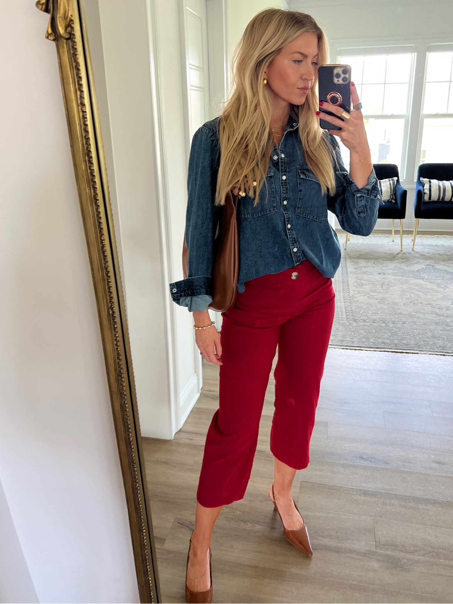 Dark chambray top (wearing small), red pants (run TTS)