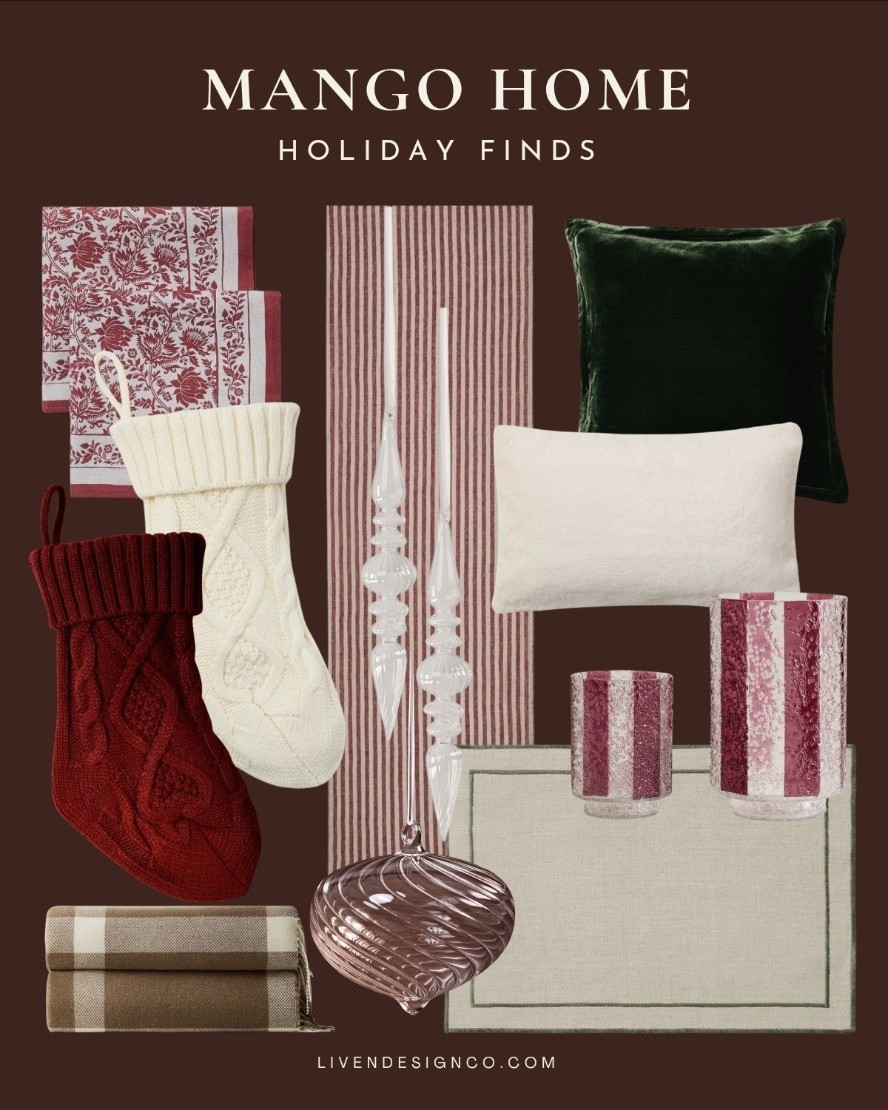 Mango Home holiday decor. Cable knit stocking. Velvet pillow. Christmas table runner. Cloth napkins. Candle holders. Glass ornaments

#LTKHoliday #LTKSeasonal #LTKHome