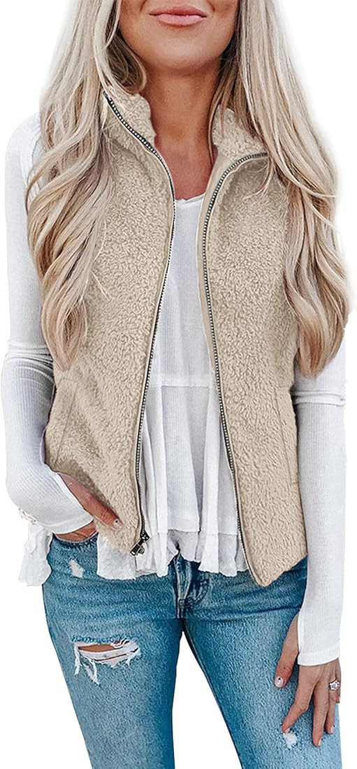 LOMON Womens Fuzzy Sherpa Fleece Jacket Lightweight Vest Cozy Sleeveless Cardigan Zipper Waistcoa... | Amazon (US)