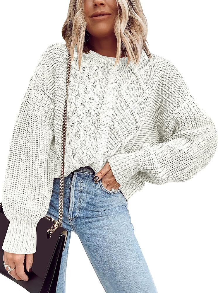 ANRABESS Women's Crewneck Batwing Long Sleeve Oversized Loose Chunky Cable Knit Pullover Crop Sweate | Amazon (US)