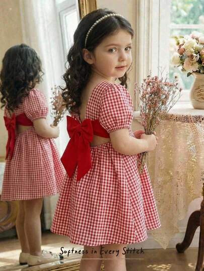 Cozy Pixies Young Girl Plaid Pattern Round Neck Petal Sleeve Cinched Waist Casual Comfortable Dress Bow Knot Dress Girls Summer Dress Kids Red And White Dress Girls Checkered Dress Girls Gingham Dress | SHEIN