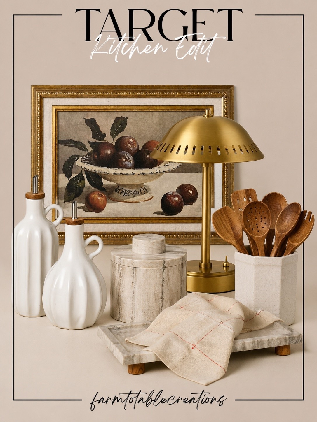 Target Kitchen Edit Finds

Follow @farmtotablecreations on Instagram for more home décor, styling inspiration, and curated finds.

This Target kitchen collection is giving elevated designer style without the designer price tag. From the vintage-inspired framed artwork and brass lamp to the marble accents, ceramic oil bottles, and beautiful countertop essentials, every piece works together to create a warm, collected kitchen that feels timeless and intentional.

These are the kinds of pieces that make everyday spaces feel styled, cozy, and high-end while still being functional. The artwork and lamp instantly become focal points, while the marble tray, canister, and utensil holder add texture and warmth to any kitchen countertop or coffee bar.

#targetfinds #kitchendecor #countertopdecor #kitchenstyling #targethomefinds

#LTKHome #LTKSaleAlert