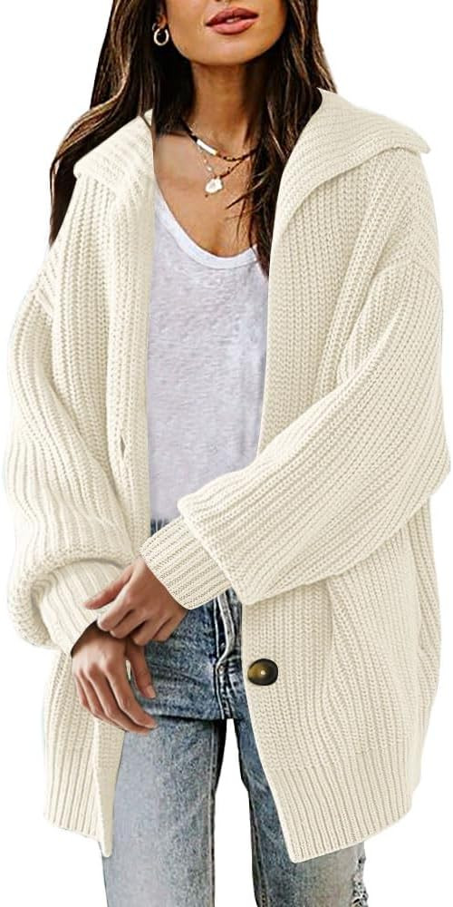 LILLUSORY Womens 2023 Fluffy Fall Fashion Trendy Cozy Chunky Knit Cardigan Open Front Button Up Down Oversized Sweater Coat Casual Winter Clothes Apricot | Amazon (US)