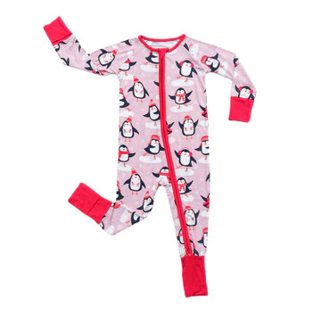 Pink Ice Skating Penguins Bamboo Viscose Zippy | Little Sleepies