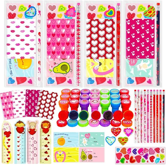 28 Pack Assorted Valentines Day Stationery Kids Gift Set, for Valentine Card Classroom Exchange C... | Amazon (US)