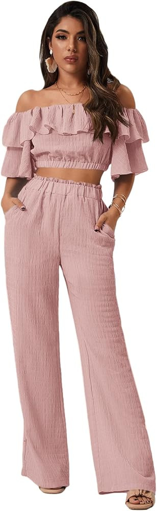Romwe Women's 2 Piece Outfit Off The Shoulder Crop Top Wide Leg Pants Set | Amazon (US)