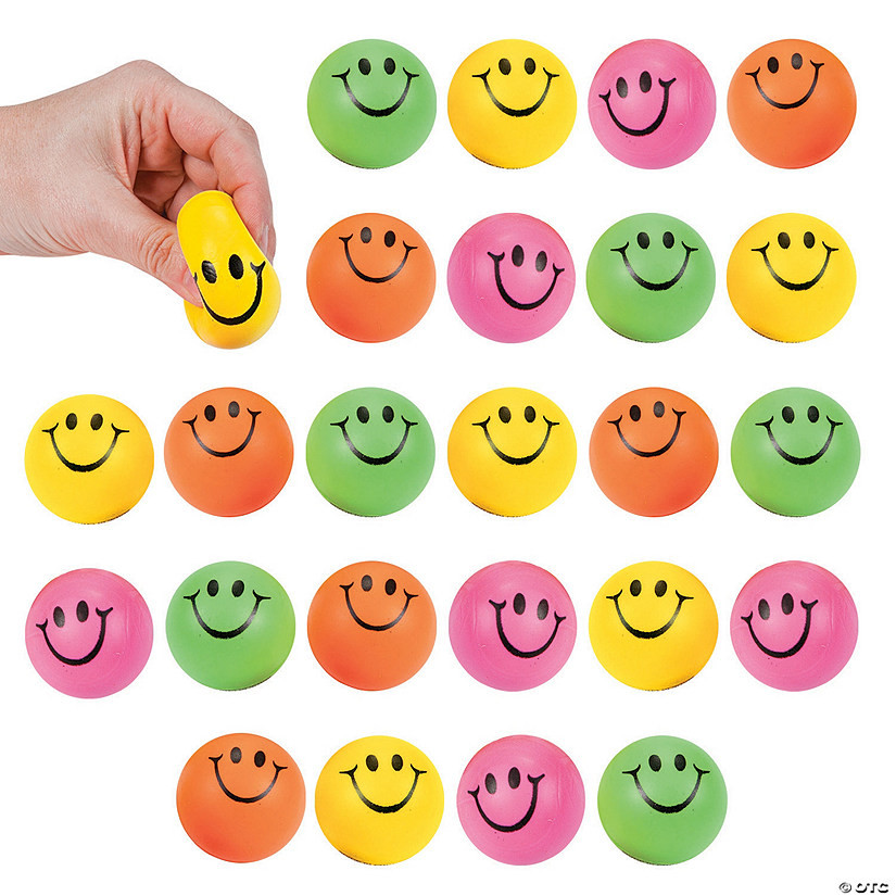 1 1/2" Mini Neon Smile Face Solid Color Foam Stress Balls - 24 Pc. | Oriental Trading Company