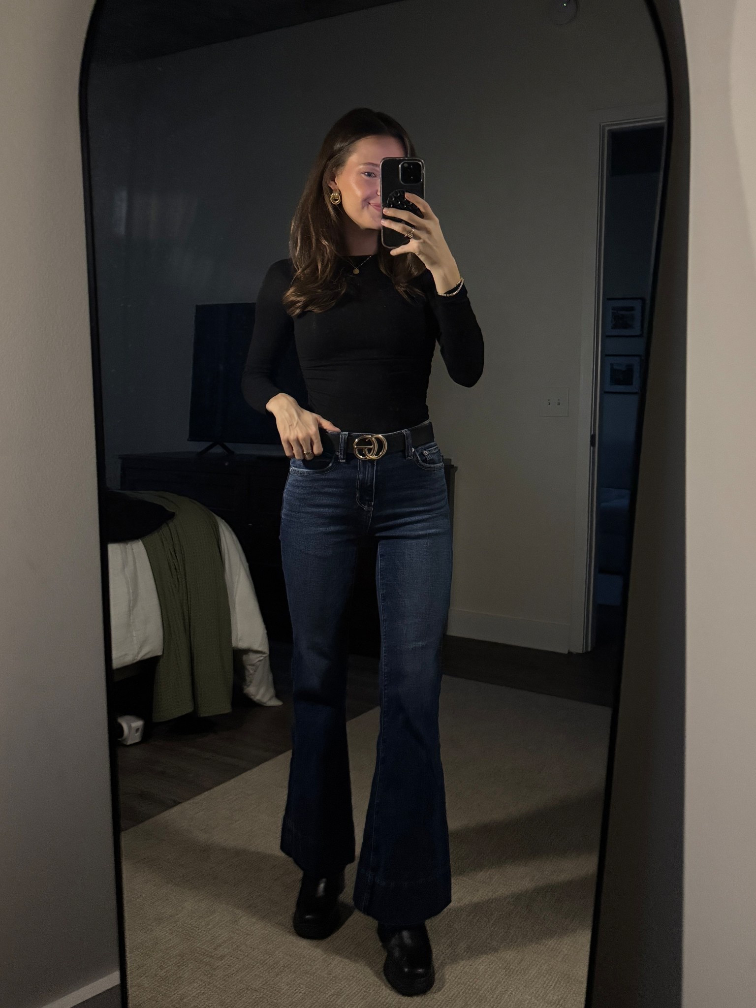 Date night outfit | Going out outfit | Mid Twenties Outfit Inspo | Black Top | Dark Wash Flare Jeans | Black Books 

@Steven Madden @Abercrombie