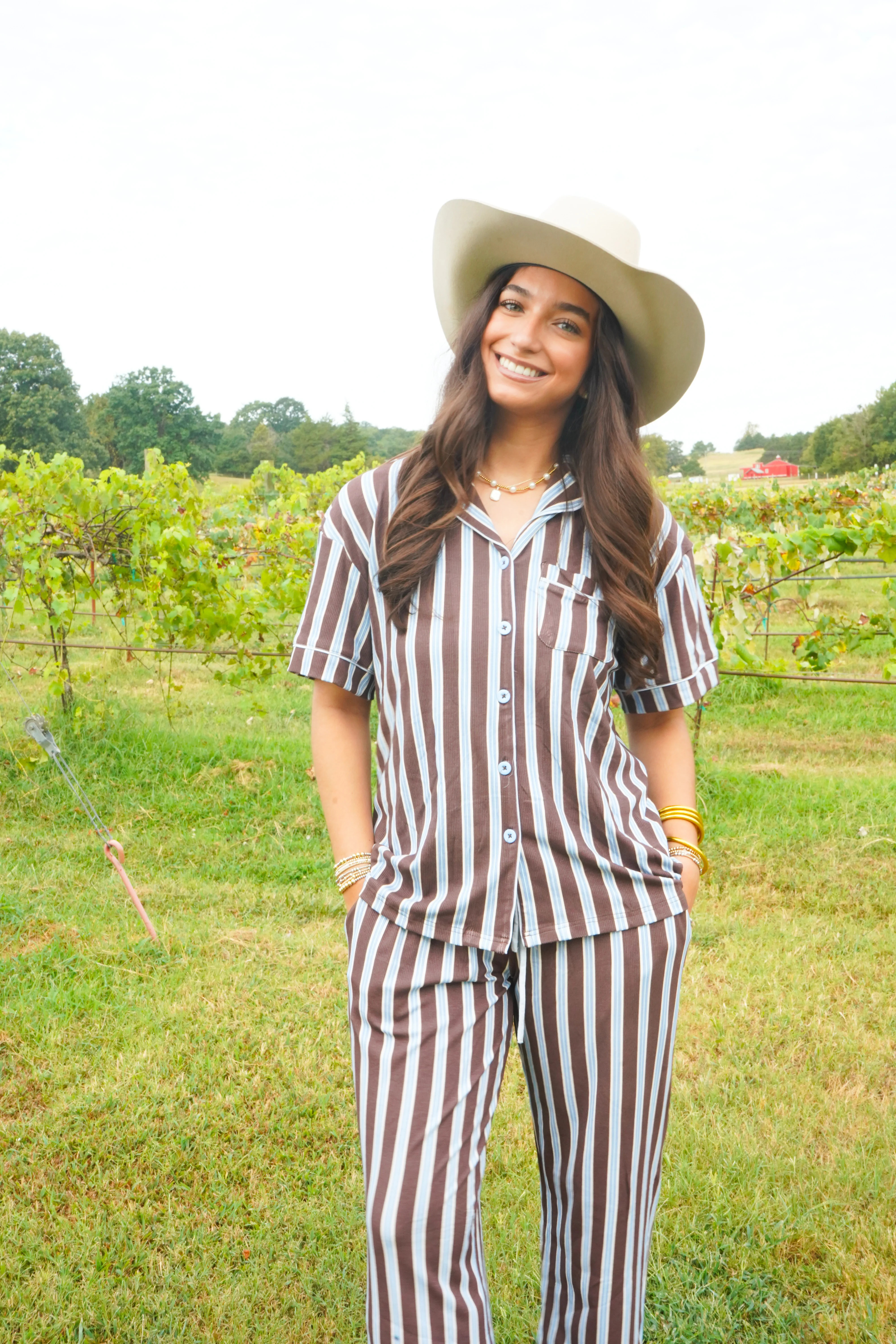 Chocolate & Baby Blue Stripes - Ribbed Bamboo Short Sleeve + Pants Pajama Set | KenzKustomz