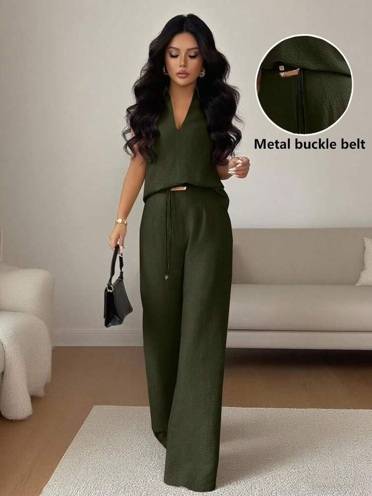 Rafferiza 2pcs/Set Women's Fashionable Casual V-Neck Sleeveless Top And Loose Distinctive Belt Decor Straight Leg Pants, Spring/Summer | SHEIN