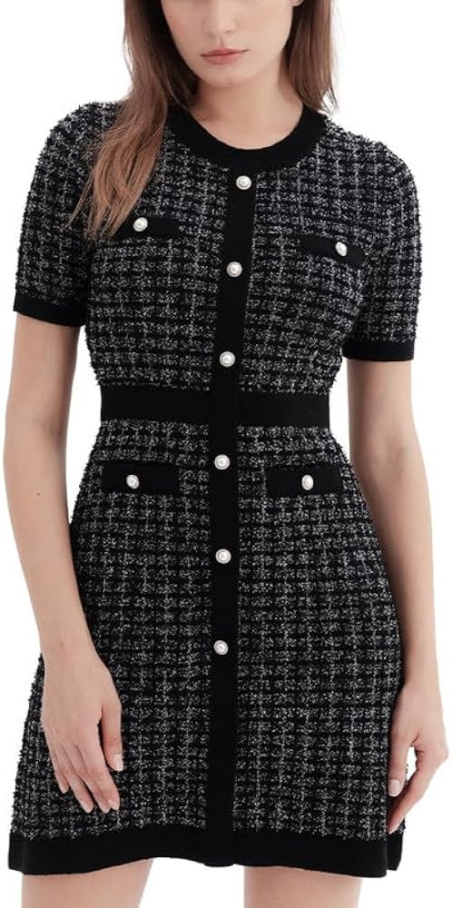 Women's Short Sleeve Tweed Knitted Sweater Dress Pearl Button Mini Dresses for Spring Summer Fall | Amazon (US)