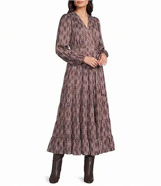 V-Neck Long Bell Sleeve Dress | Dillard's