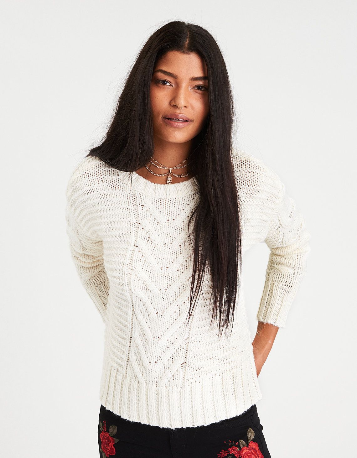 AE Chunky Cable Knit Sweater, Cream | American Eagle Outfitters (US & CA)