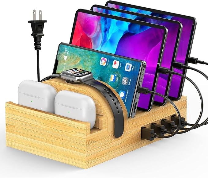 Bamboo Charging Station for Multiple Devices, Alltripal Wood Desktop Docking Station 7-Port Multi... | Amazon (US)