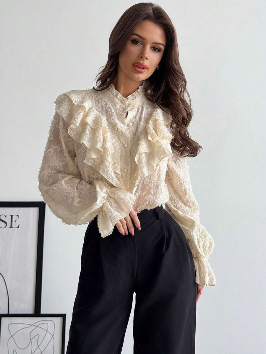 Firerie Women's Elegant Delicate Romantic Retro Palace Style Stand Collar Ruffle Jacquard Texture... | SHEIN