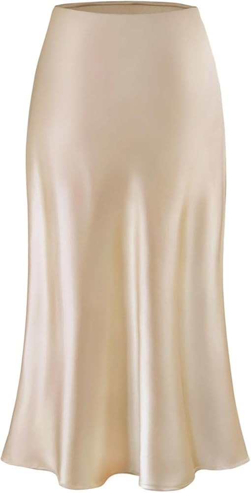 Womens Satin Silk Midi Skirt High Waist A-Line Casual Elastic Waist Long Skirts for Women | Amazon (US)