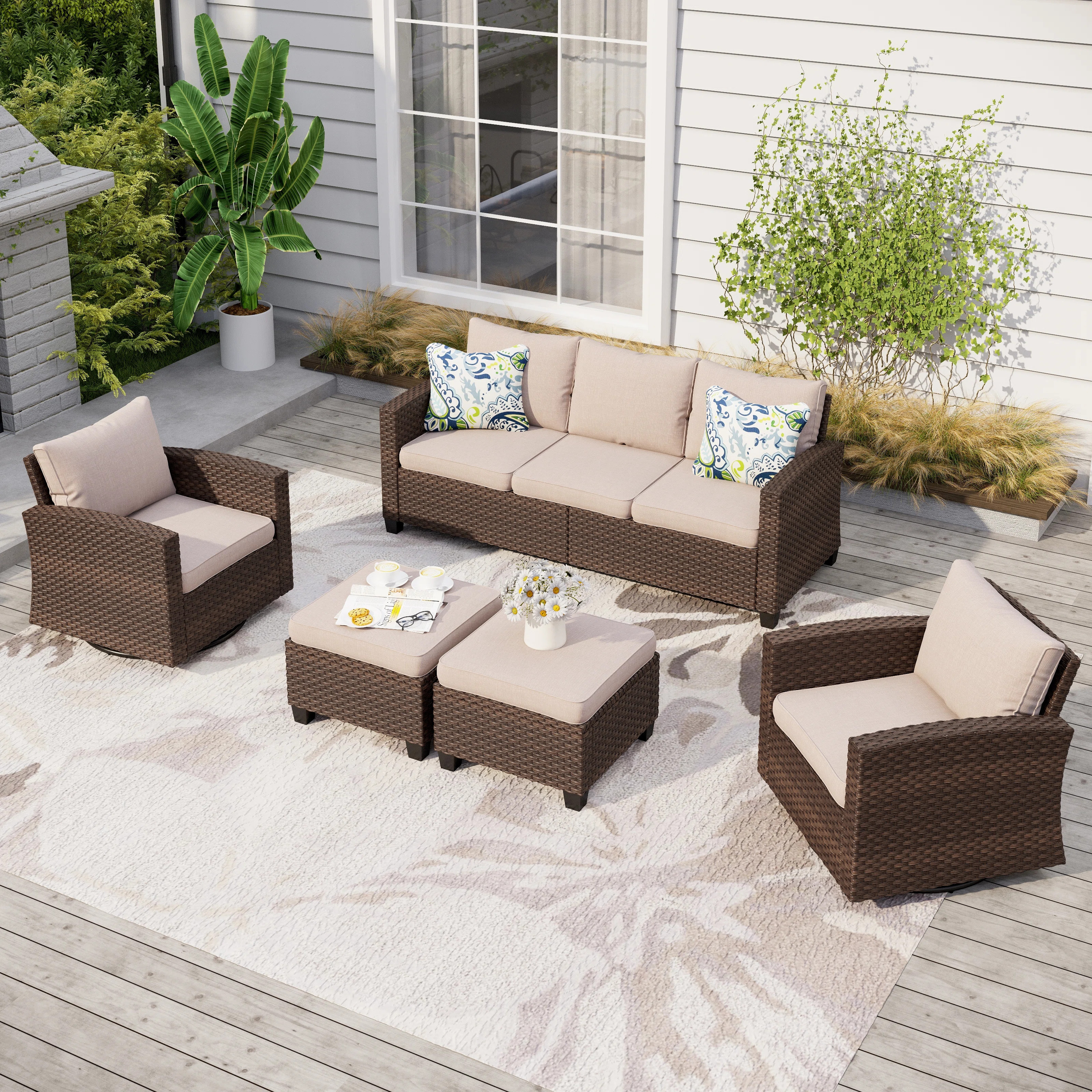 7 - Person Outdoor Wicker Patio Conversation Furniture Set With Fire Pit Table | Wayfair North America