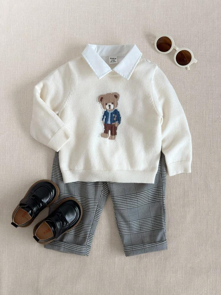 PrepCrw Baby Boys Collegiate Style Bear Pattern Long Sleeve Pullover Sweater, For Fall/Winter | SHEIN
