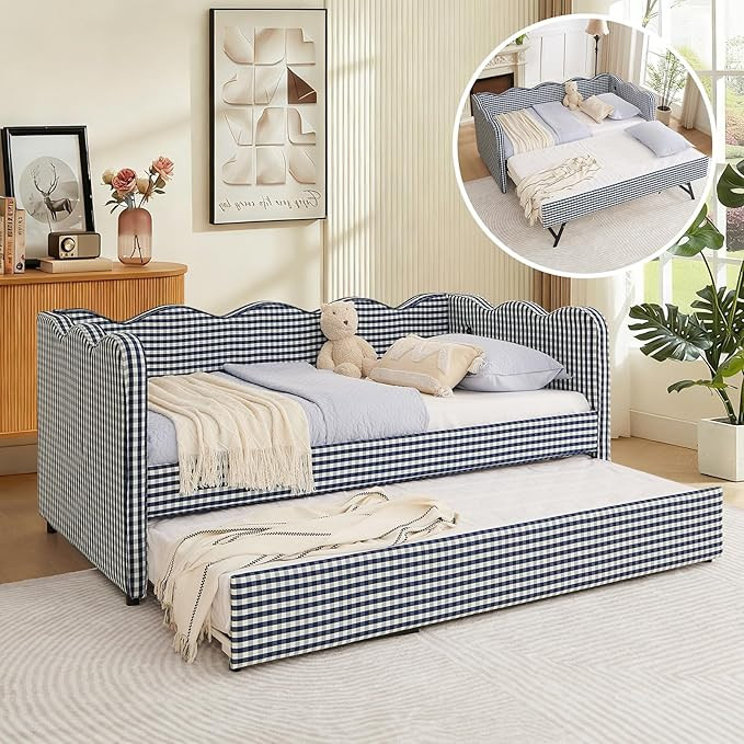 Twin Size Gingham Daybed with Trundle, Upholstered Linen Day Bed Frame with USB Ports & Wave-Shap... | Amazon (US)