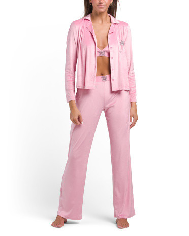 3pc Notch Collar Pajama Set With Matching Bra | TJ Maxx
