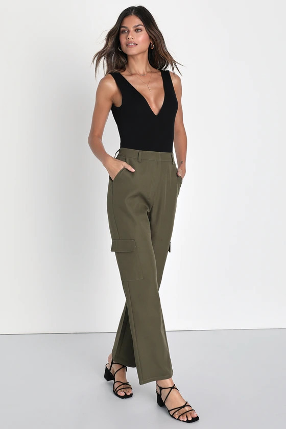 Cool Confidence Olive Green Wide Leg Utility Pants Khaki Pants Green Cargo Pants Outfit Women  | Lulus (US)