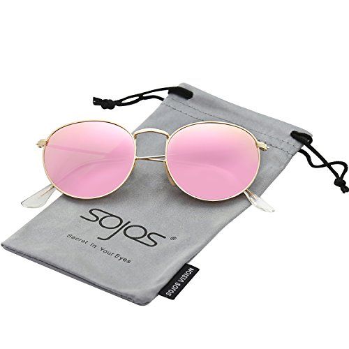 SojoS Small Round Polarized Sunglasses Mirrored Lens Unisex Glasses SJ1014 3447 With Gold Frame/Pink | Amazon (US)