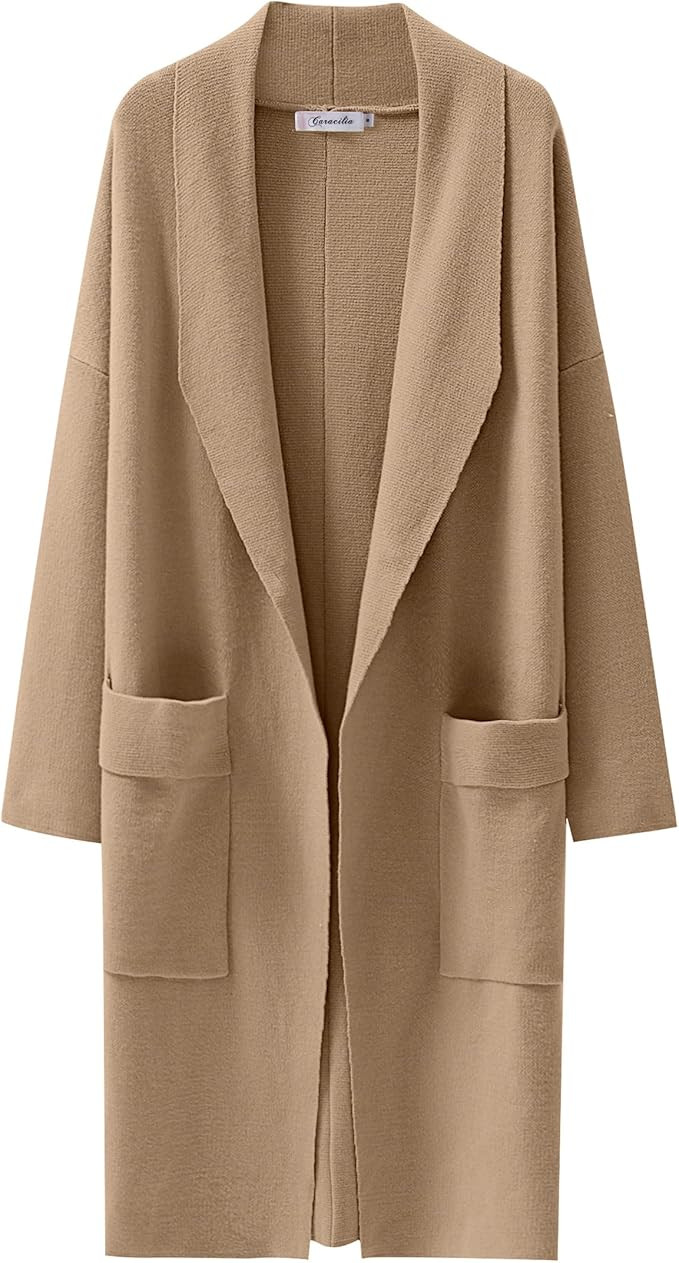 Caracilia Women's Open Front Knit Cardigan Long Sleeve Lapel Casual Solid Classy Sweater Jacket w... | Amazon (US)