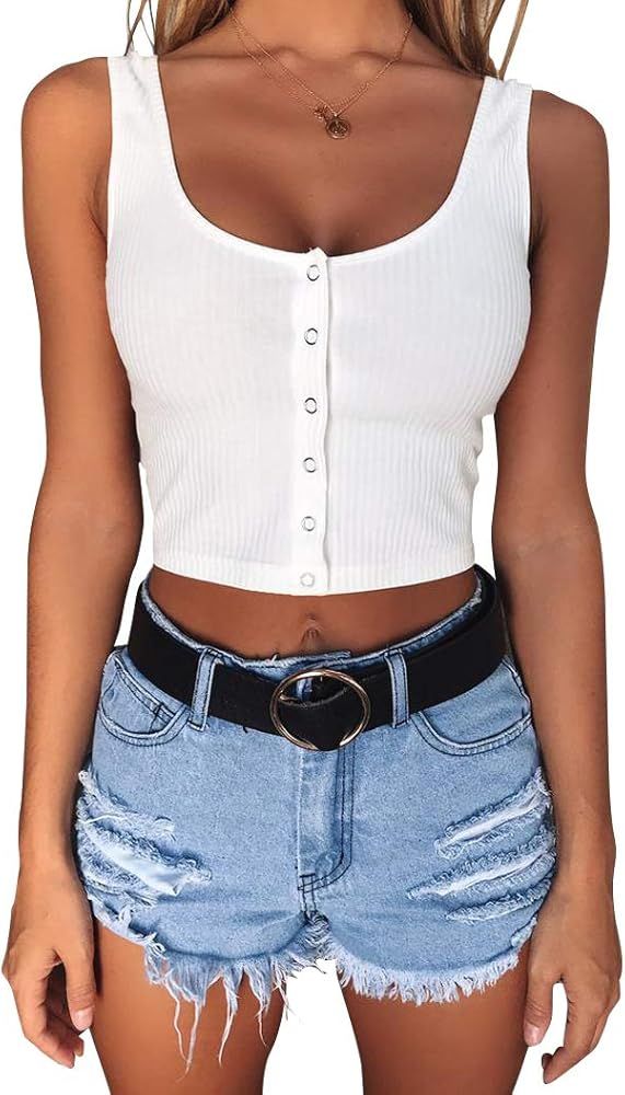 Minthunter Women's Casual Sleeveless Button-Down Shirts Basic Camisole Crop Tank Tops | Amazon (US)