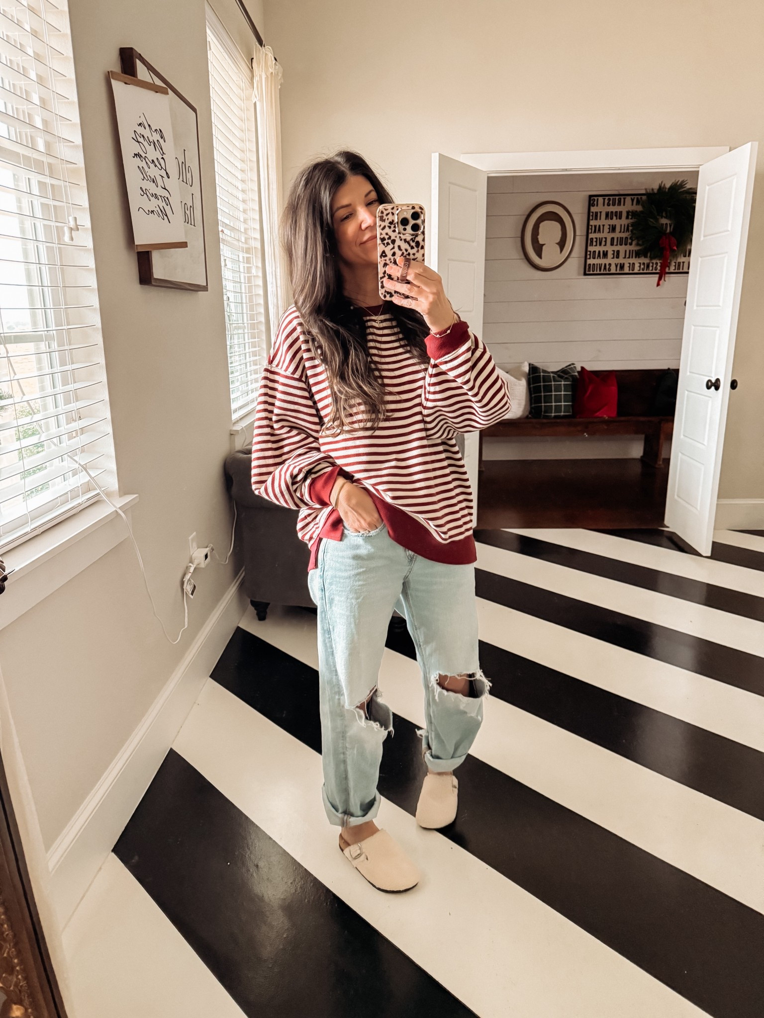 Comfy cozy weekend outfit! 
-Xs in stripe sweatshirt! Inside is fuzzy and super comfy. Size down if between! 
-Size down in jeans if between! Wearing regular length & rolled up! 
-sherpa clogs tts

#LTKgrwm #LTKootd #LTKmomlife