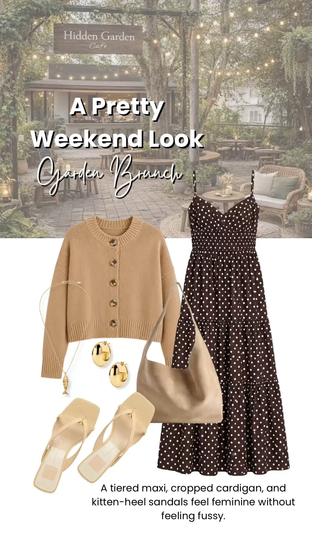 A pretty garden brunch calls for something feminine but easy to wear. I love the combination of this tiered polka-dot maxi, cropped camel cardigan, and low kitten-heel sandals, it feels polished enough for a celebration while still being comfortable and relaxed.

💡 LTK MADE EASY
❤️ Heart = Support my posts!
🔖 Save = Get sale & restock alerts
📋 Lists = Keep favorites organized
📲 Share = Send lists and products to a friend. Hello, Christmas List!
💬 Comment = Ask me anything about what I’m wearing.:-)

#LTKootd #LTKTravel #LTKOver40