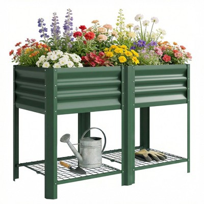 Outsunny Raised Garden Bed Galvanized Steel, Elevated Planter Box with Storage Shelf, Bed Liner, Green | Target