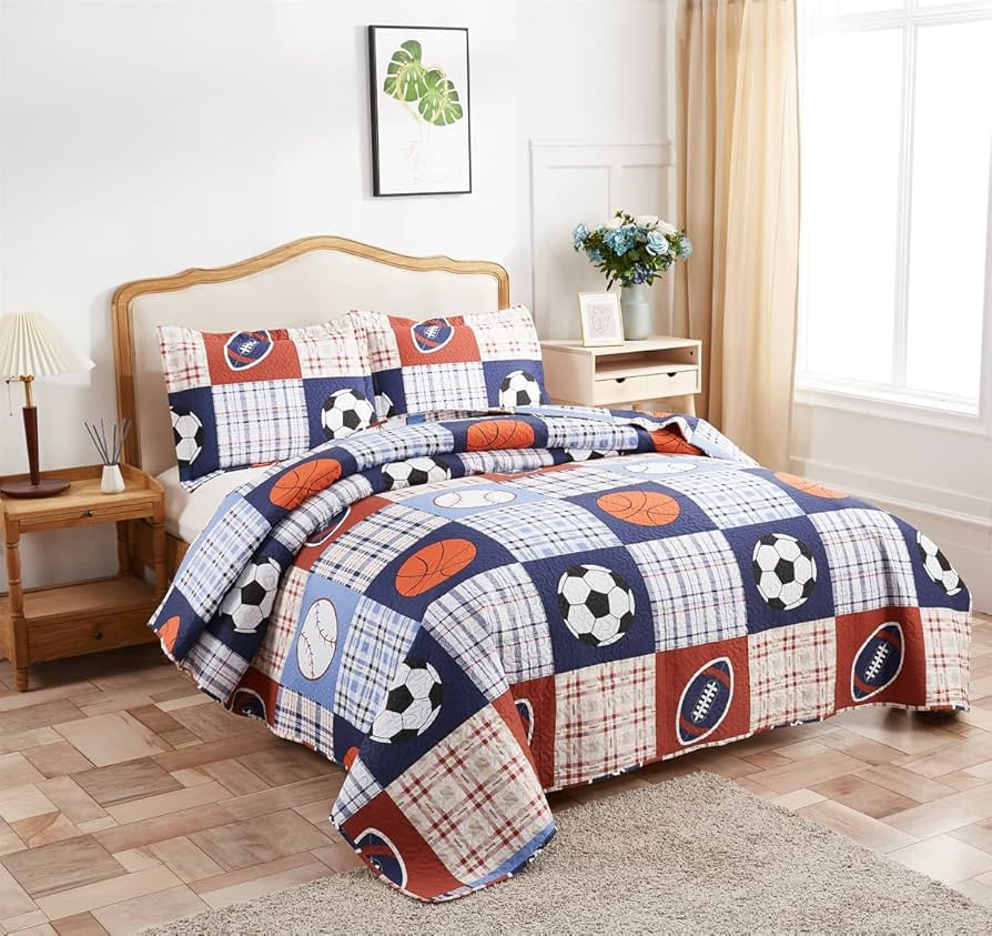 Boys Girls Plaid Sport Bedspread Coverlet Rugby Football Soccer Basketball Baseball Printed Beddi... | Amazon (US)