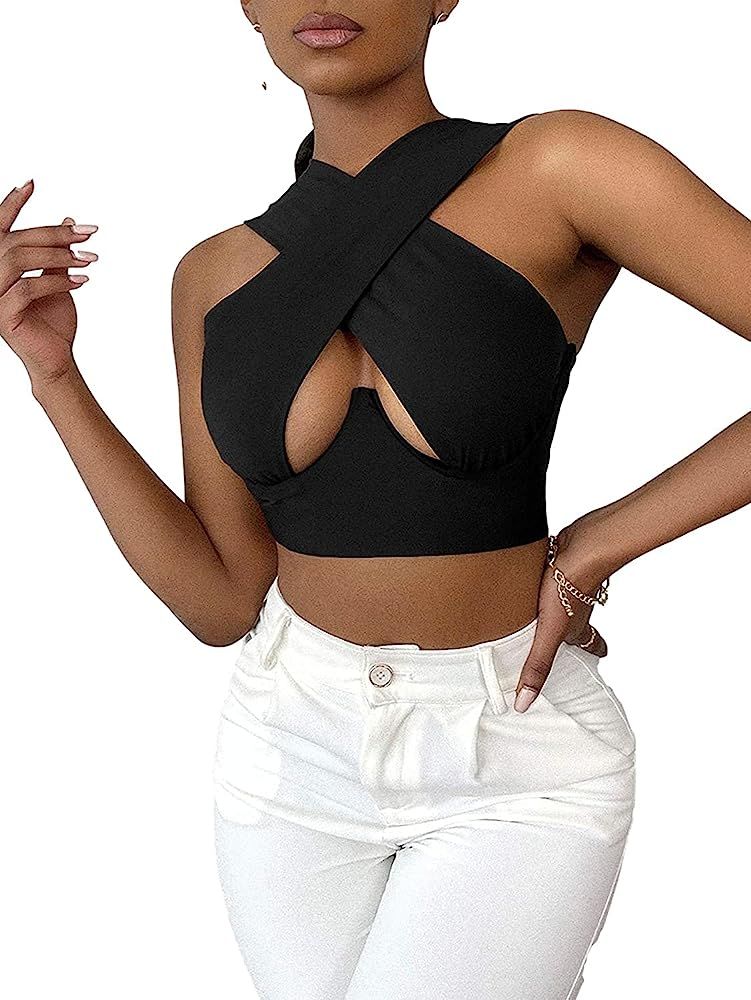 Women Crisscross Crop Top Halter Backless Hollow Out Cut Out Bandage Wrap Crop Tops Sexy Clubwear... | Amazon (US)
